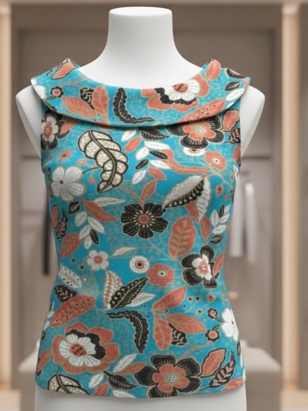 Rafaella Floral Boatneck Tank in Turquoise, Coral & Black